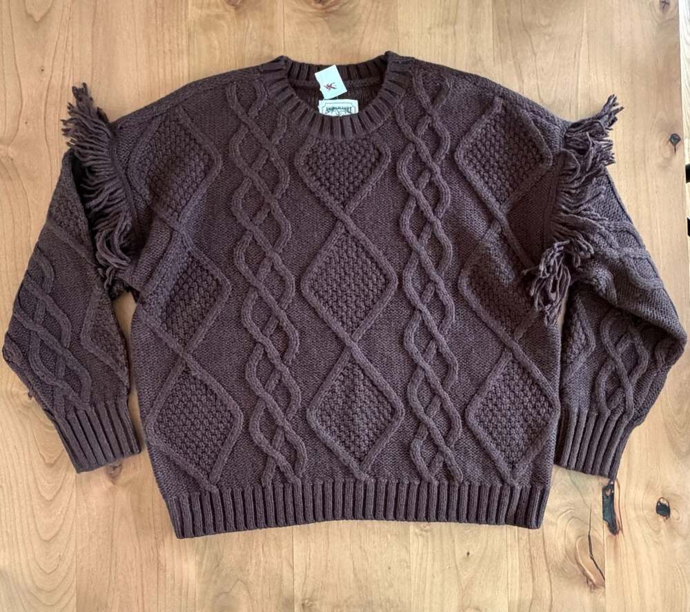 American Eagle Fringe Cable Knit Crewneck Sweater